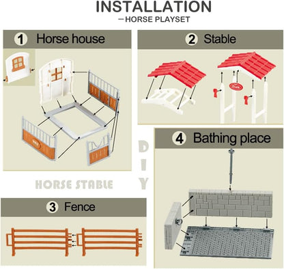 Peagrav Horse Stable Playset with Rider, Wash Area, Fence & Animal Figures - Gifts for Girls & Boys