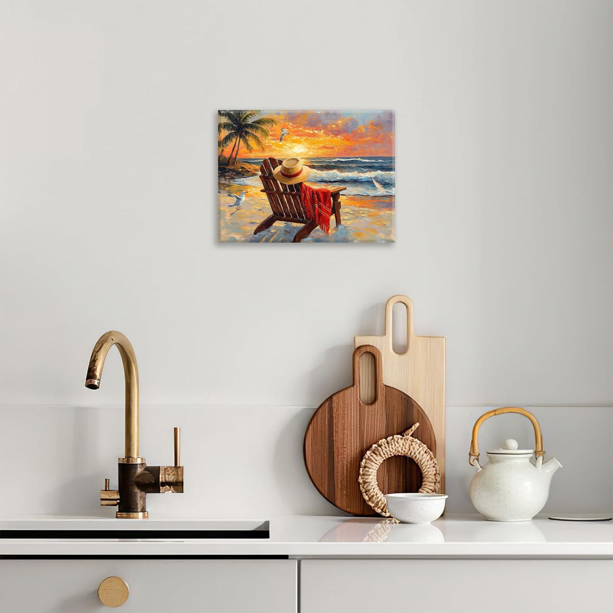 Beach Coastal Bathroom Pictures Wall Art, Seaside Ocean Bathroom Wall Decor, Sunrise Palm Framed
