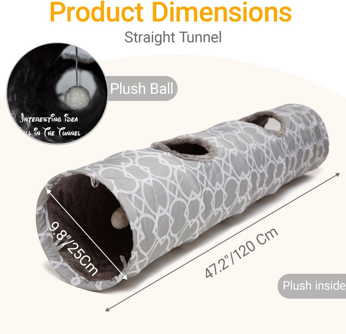 LUCKITTY Geometric Straight Cat Tunnel with Plush Inside,Cats Toys Collapsible Tunnel Tube with