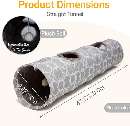 LUCKITTY Geometric Straight Cat Tunnel with Plush Inside,Cats Toys Collapsible Tunnel Tube with