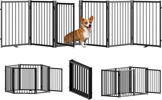 Full Metal Freestanding Dog Gate with Door, 24'' Height Foldable Pet Dog Fence for Indoor &
