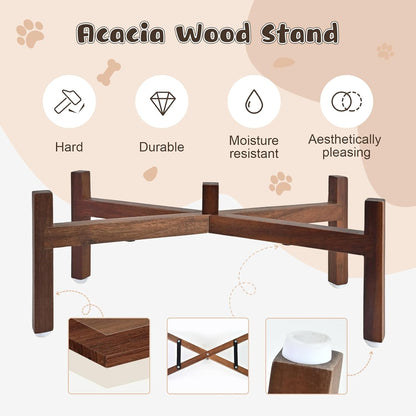 SPUNKYJUNKY Ceramic Elevated Dog Bowl Set with Acacia Wood Stand for Food and Water for Medium Dogs