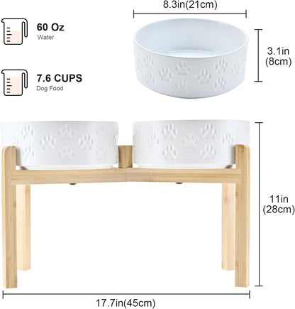 SPUNKYJUNKY Elevated Dog Bowls Ceramic, 8.3'' Dogs Food Water Bowls Raised with Non-Slip Bamboo