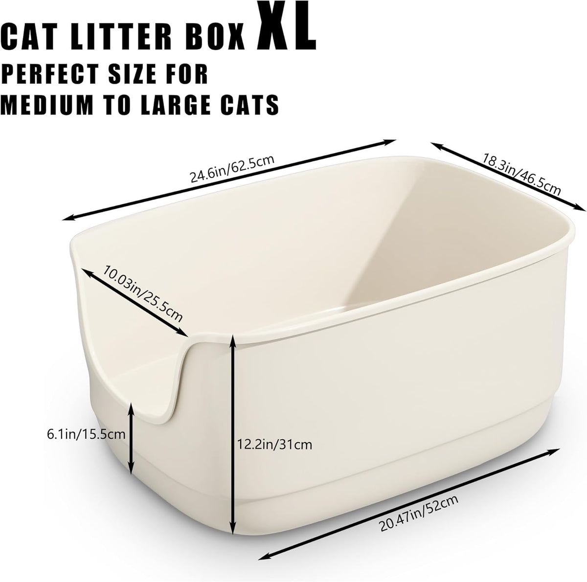 Gefryco Large Cat Litter Box with High Sided 24.6"x18.3"x12.2" - Jumbo Extra Large Open Anti