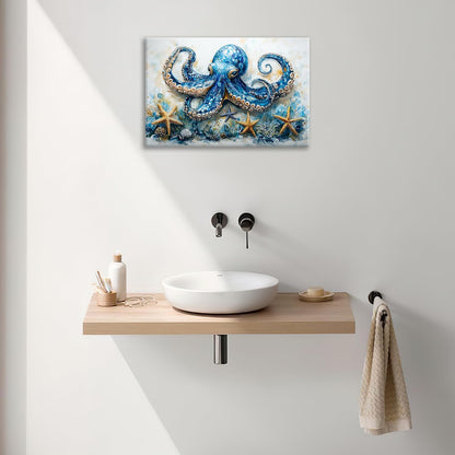 Octopus Bathroom Pictures Wall Art, Sea Animal Ocean Bathroom Wall Decor, Nautical Framed Painting