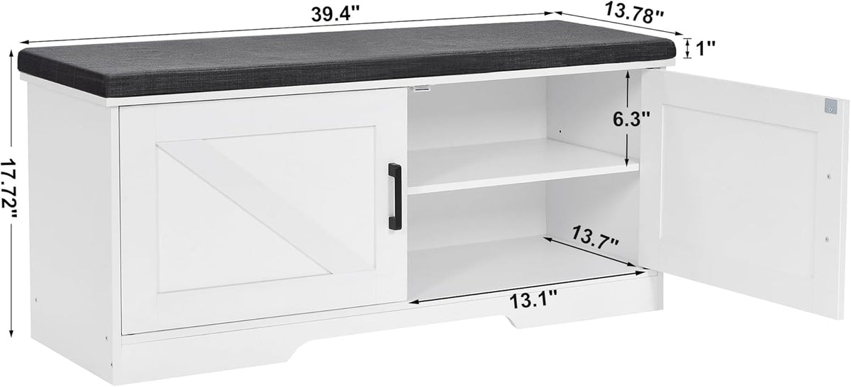 2-Tier Storage Bench, Shoe Bench with Padded Seat Cushion, Entryway Bench with 2 Barn Doors