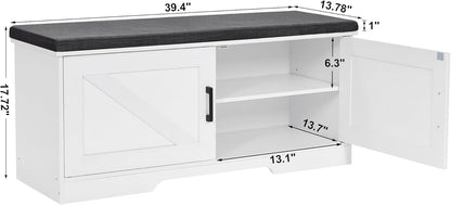 2-Tier Storage Bench, Shoe Bench with Padded Seat Cushion, Entryway Bench with 2 Barn Doors