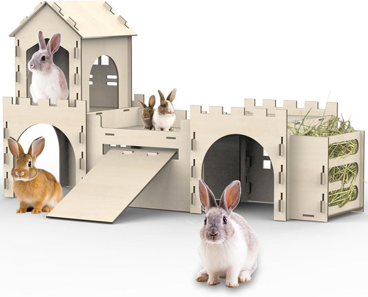 Large Bunny House and Hideouts, Wooden Dual-Layer Rabbit Castle with Stair, Rubber Band-Free Setup
