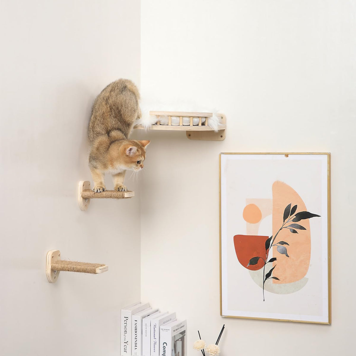 3 Pcs Cat Wall Steps, Cat Shelves and Perches for Wall, Wall-Mounted Cat Climbing Shelf with Hemp