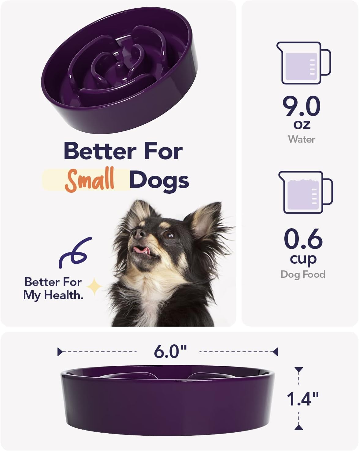 LE TAUCI Ceramic Slow Feeder Dog Bowls Small Breed, 0.6 Cups Dog Food Dish for Fast Eaters, Puzzle
