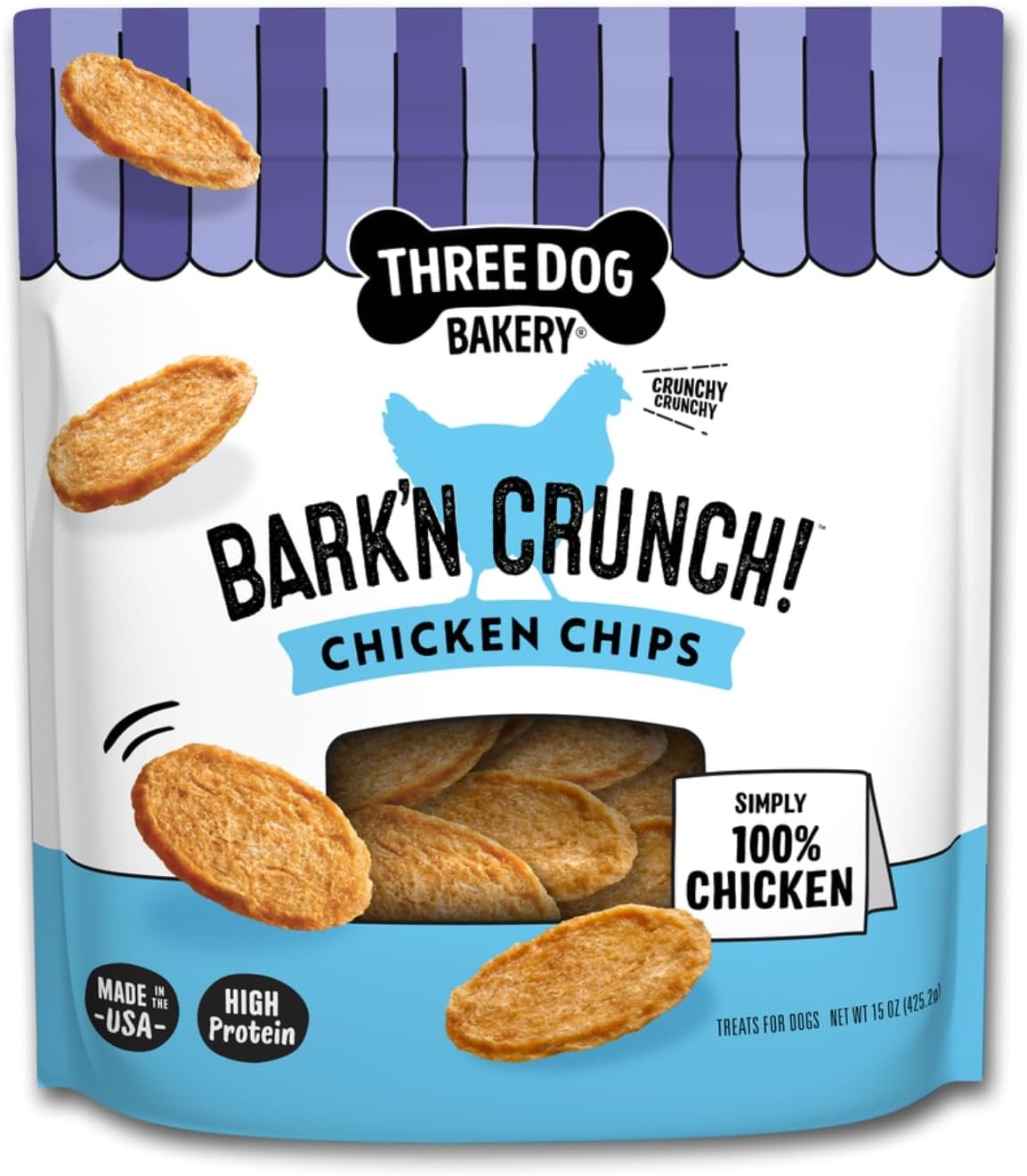 Three Dog Bakery Bark’N Crunch! Chicken Chips, Crunchy Treats for Dogs, Single Ingredient, High
