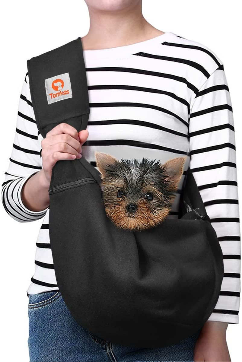 Tomkas Small Dog Sling Carrier - Zipper Pocket & Classic Strap - for 3-10 lbs Pets(Black)