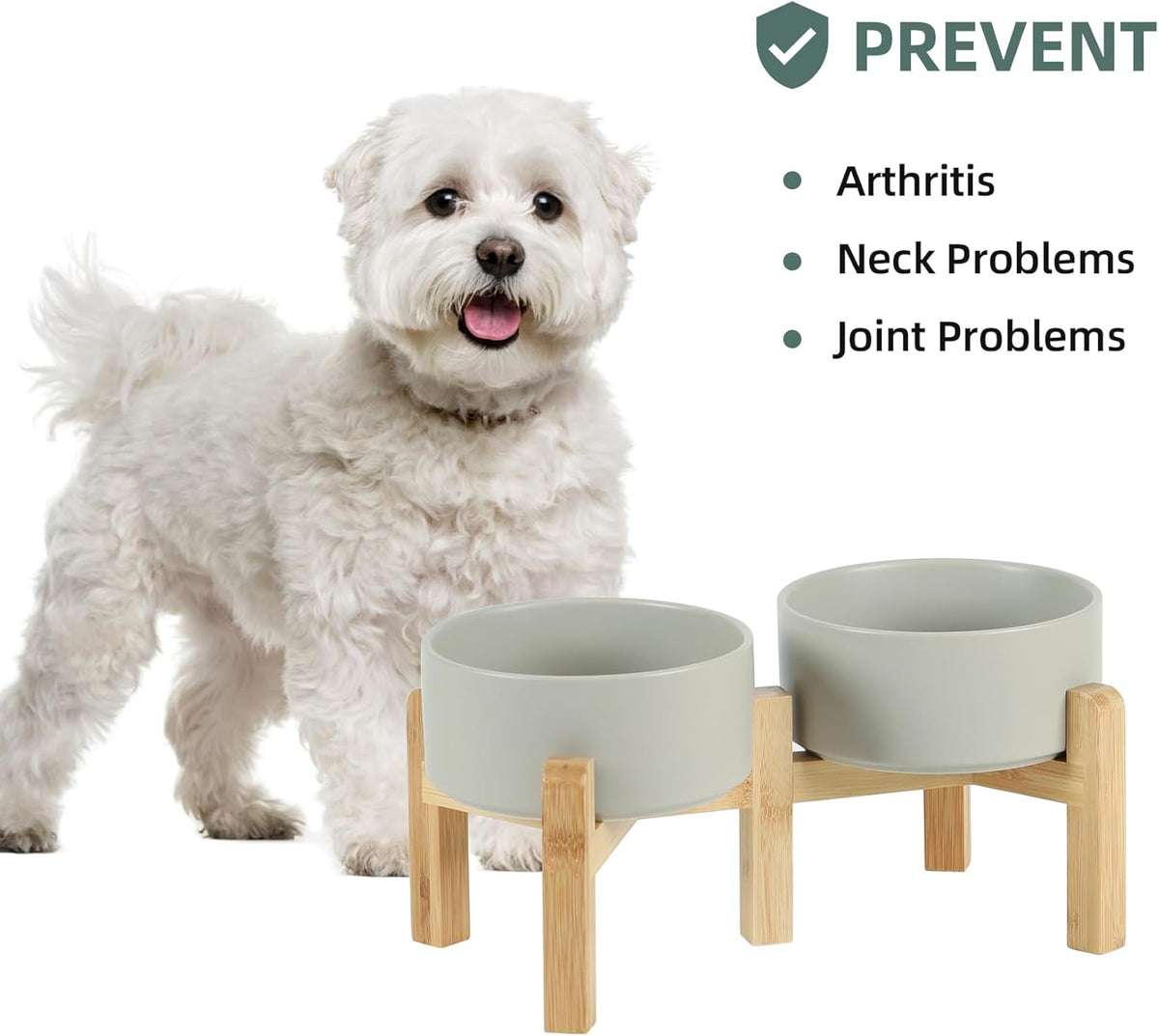 Ceramic Raised Double Bowls Set with Stand, 2 Heights Elevated, Food & Water Bowls for Small Breed