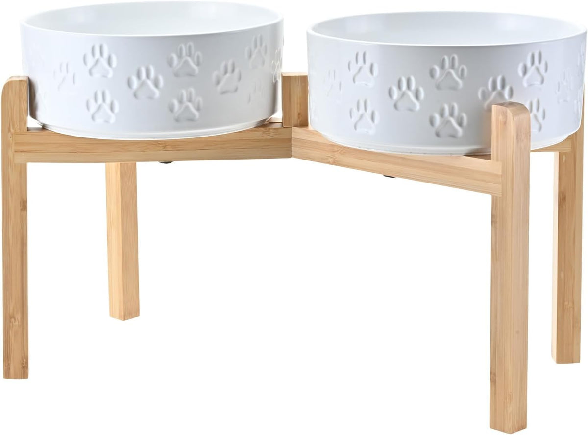SPUNKYJUNKY Elevated Dog Bowls Ceramic, 8.3'' Dogs Food Water Bowls Raised with Non-Slip Bamboo