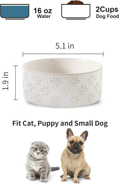 UBEE Ceramic Dog Bowl Set of 2, 5.1 inch Dog Dish Food Bowl with Paw Pattern, Pet Food Water Dish