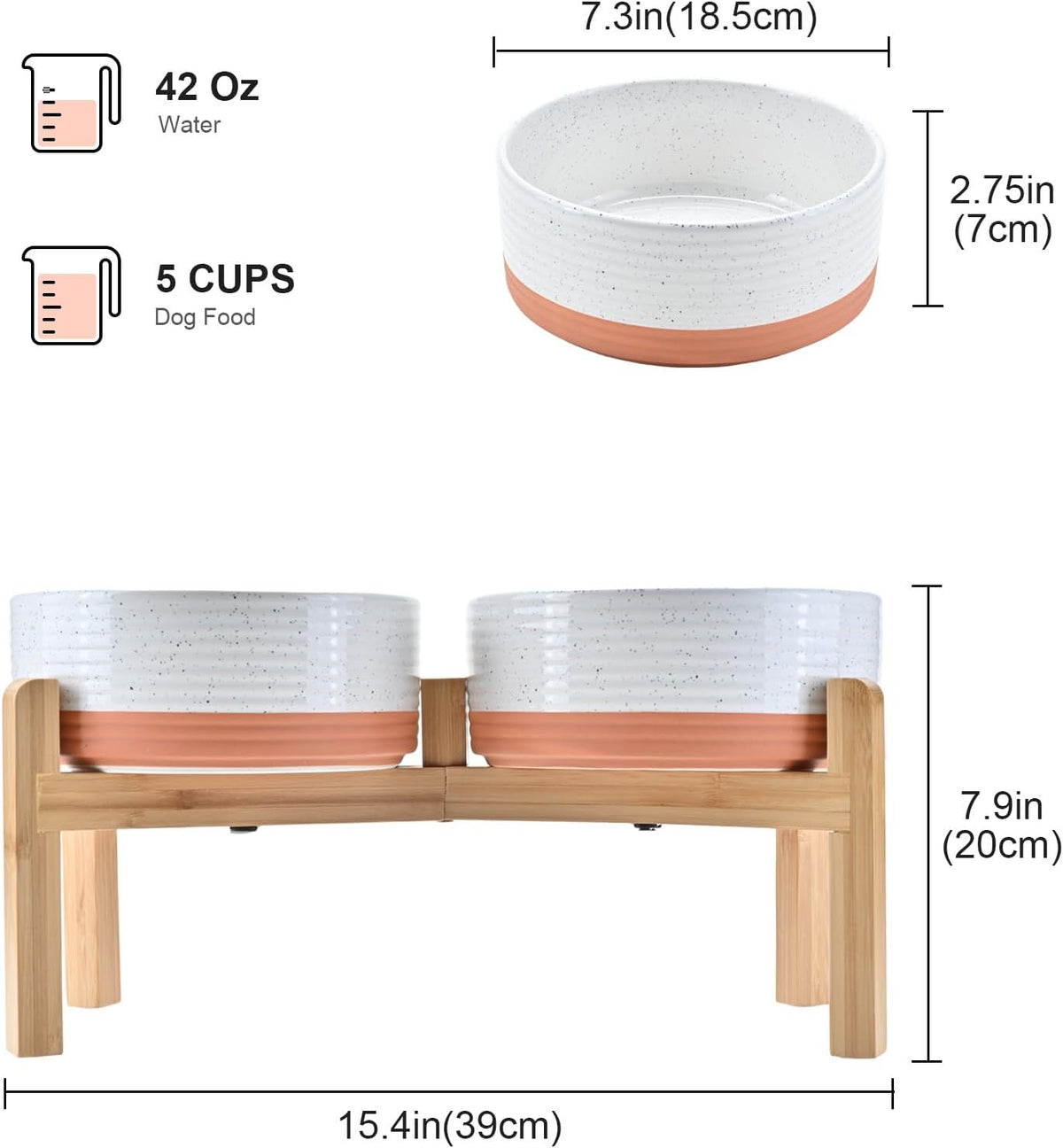 SPUNKYJUNKY Elevated Dog Bowls Ceramic, 7.3'' Dogs Food Water Bowls Raised with Non-Slip Bamboo