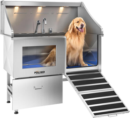 POLIMO Dog Washing Station, LED Professional Stainless Steel Dog Bathing Station 50", Dog Grooming