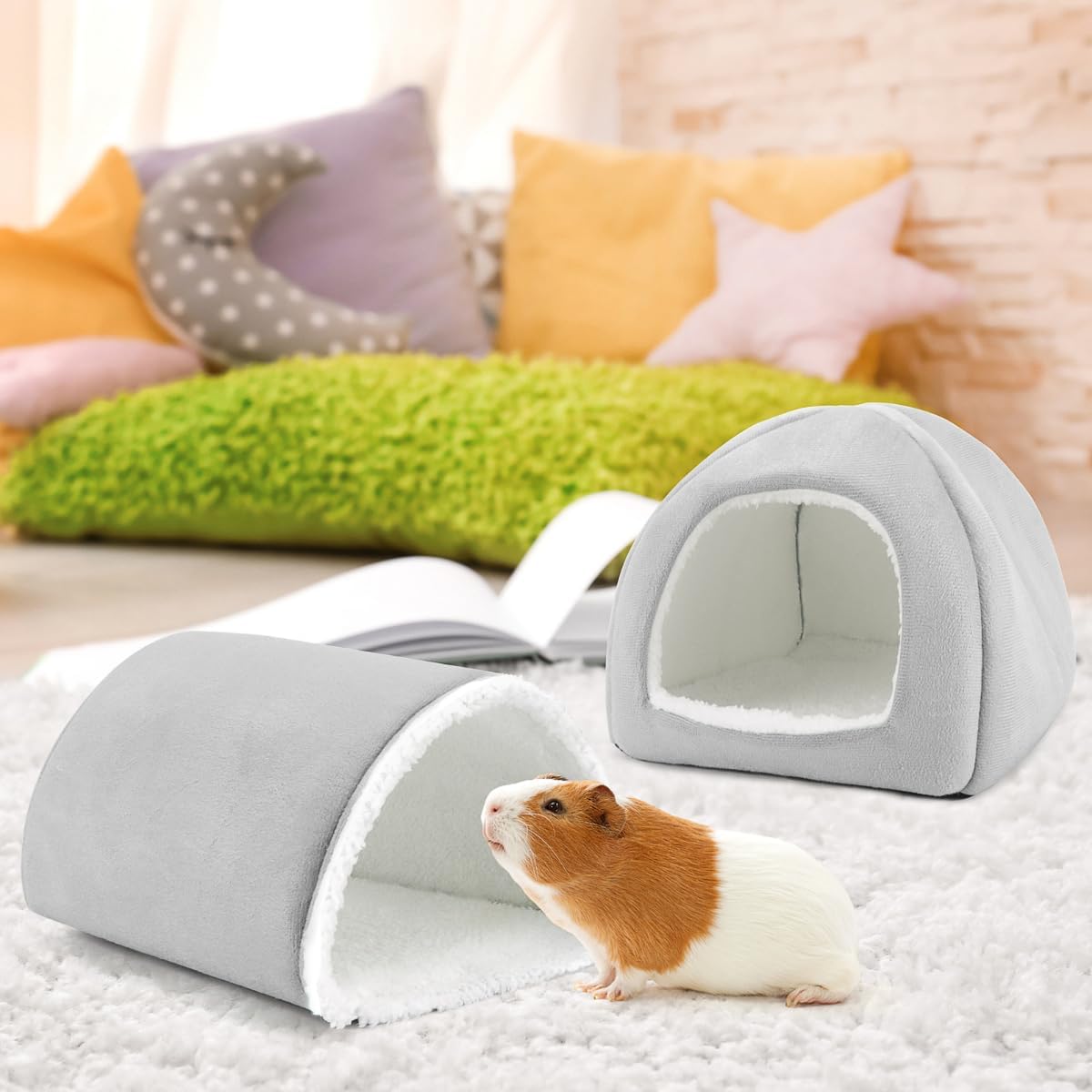 Guinea Pig Hideout and Tunnel Set, Soft Plush Bed & Play Tunnel for Guinea Pigs, Rabbits, Ferrets
