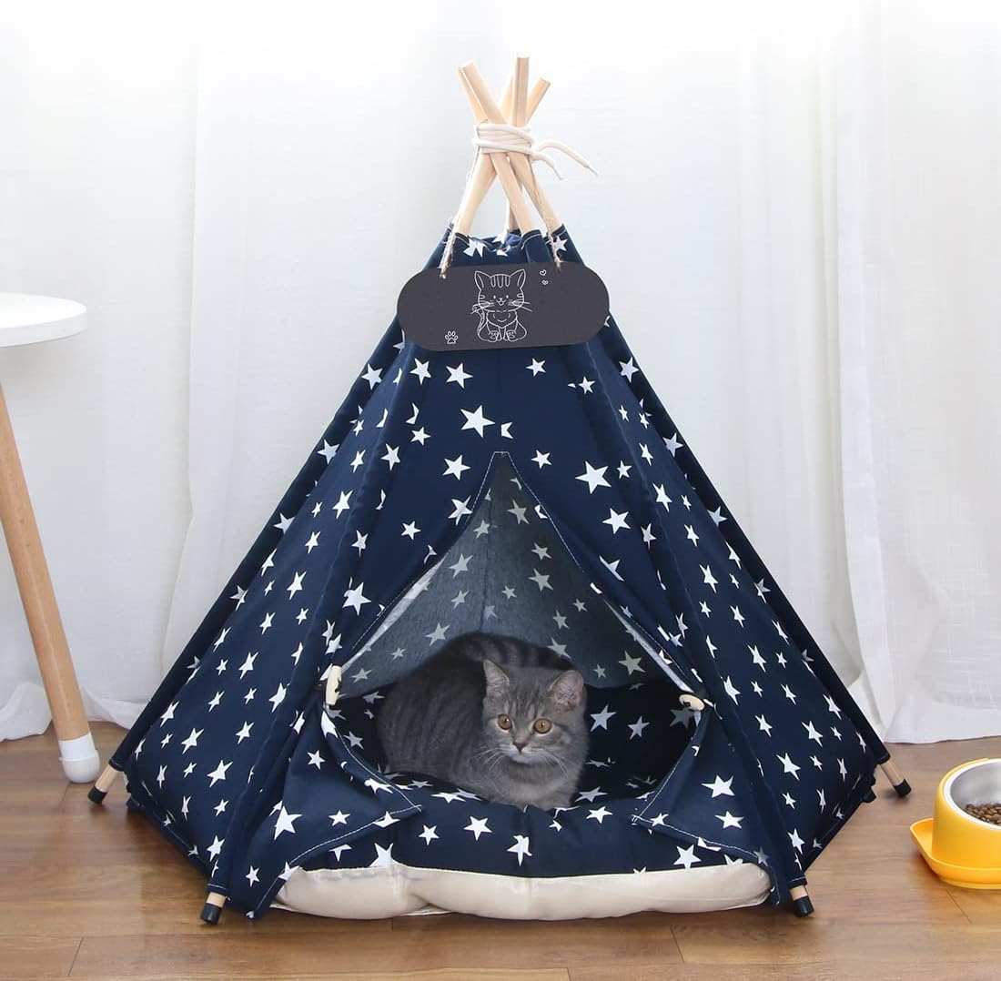 Pet Teepee Tent for Dogs & Cats Dog Bed with Thick Cushion Puppies Play House Removable and