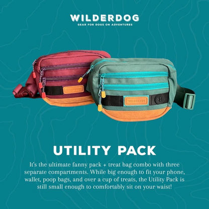 Wilderdog Utility Fanny Pack stores Treats, Balls, Keys in 3 Pockets with adjustable strap and Poop