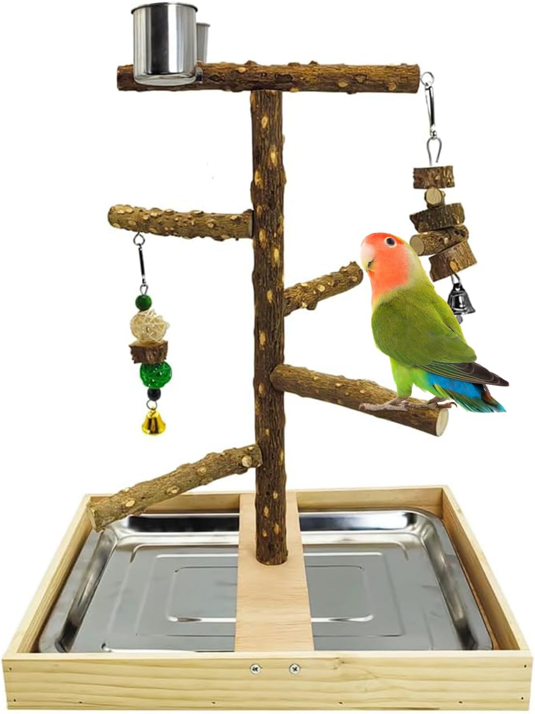 Tfwadmx Bird Perch Natural Wood Stand Toy Parrot Play Stand Platform Bird Cage with Removable Tray