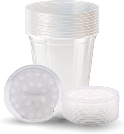 Snout and Shell Deli Cups with Fabric Vented Lids, 10 Pack - Secure Fruit Fly & Insect Cultures