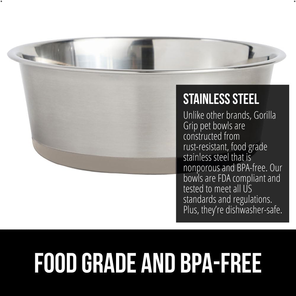 GORILLA GRIP Set of 2 Dog Bowls, Holds 4 Cups (32 fl oz), Heavy Duty Metal Food and Water Bowl for