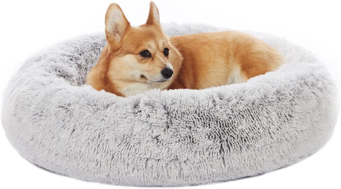 Bedfolks Calming Donut Dog Bed, 30 Inches Round Fluffy Dog Beds for Medium Dogs, Anti-Anxiety Plush