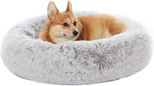 Bedfolks Calming Donut Dog Bed, 30 Inches Round Fluffy Dog Beds for Medium Dogs, Anti-Anxiety Plush