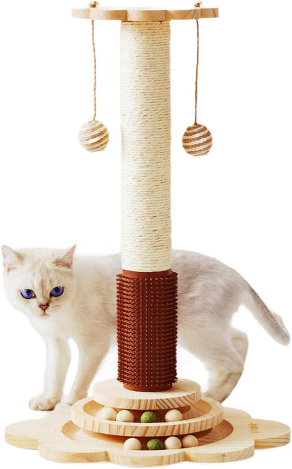 Cat Sisal Scratching Post, 4 in 1 Wooden Cat Scratcher Toy with Groomer, 24" Tall Scratch Post with