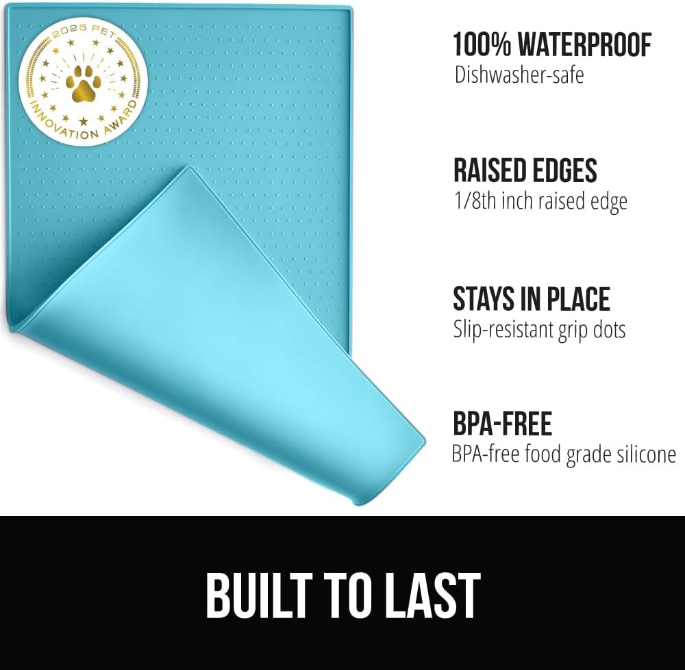 GORILLA GRIP 100% Waterproof Raised Edge BPA Free Silicone Pet Feeding Mat, Dog Cat Food Mats