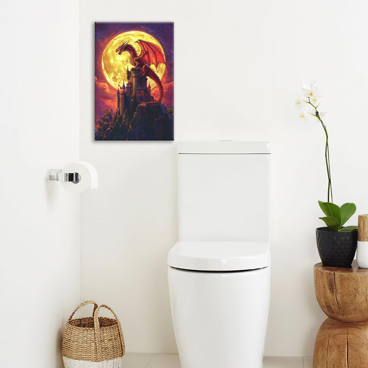 Dragon Bathroom Pictures Wall Art, Red Dragon Castle Bathroom Wall Decor, Framed Painting Canvas