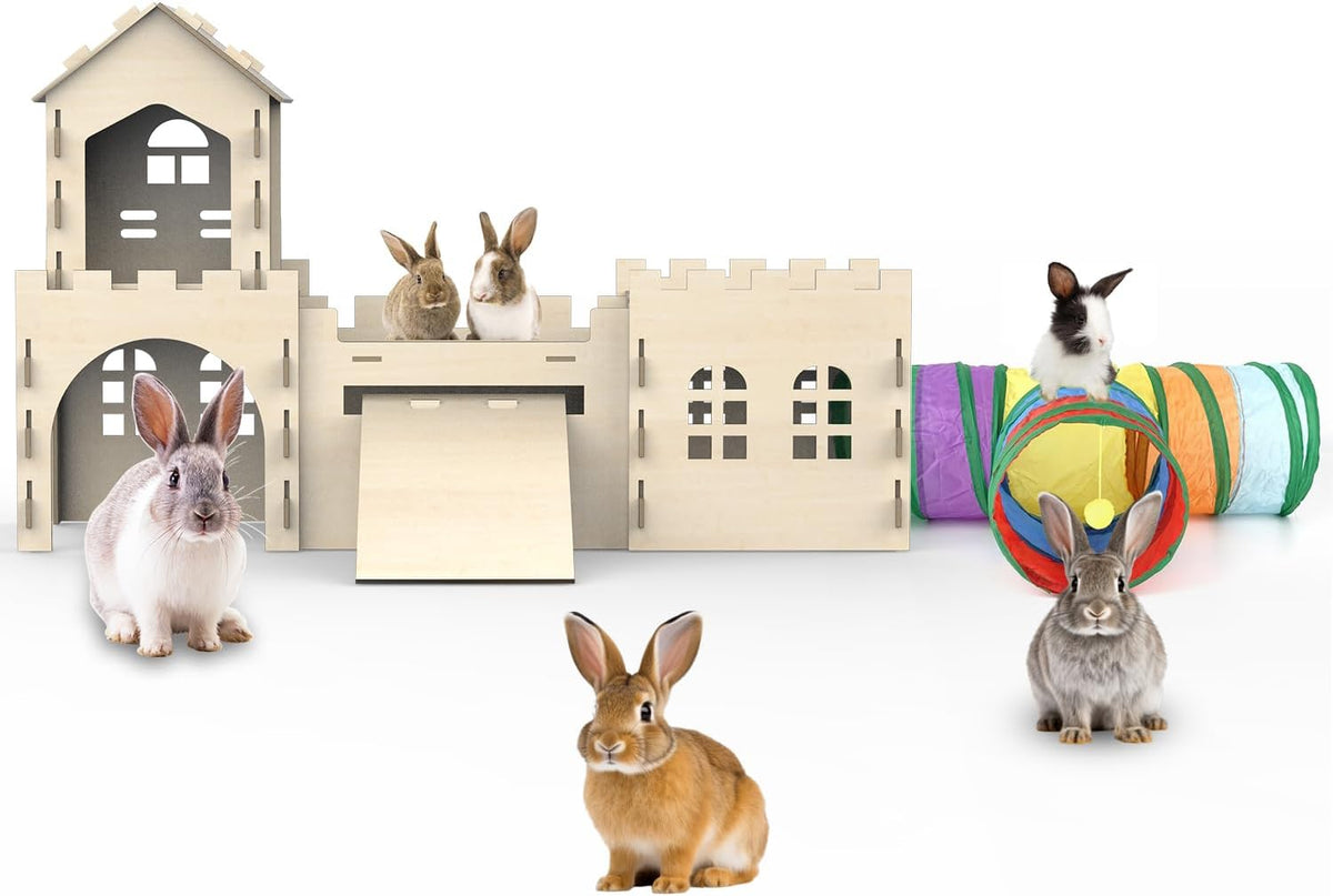 Large Bunny House and Hideouts, Wooden Dual-Layer Rabbit Castle with Stair, Rubber Band-Free Setup