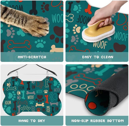 Dog Food Mats for Floors Waterproof, Pet Feeding Absorbent Water Bowl Mat Cat Placemats Green Bone