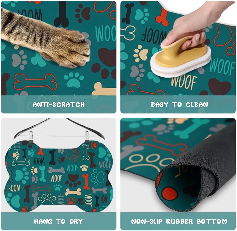 Dog Food Mats for Floors Waterproof, Pet Feeding Absorbent Water Bowl Mat Cat Placemats Green Bone