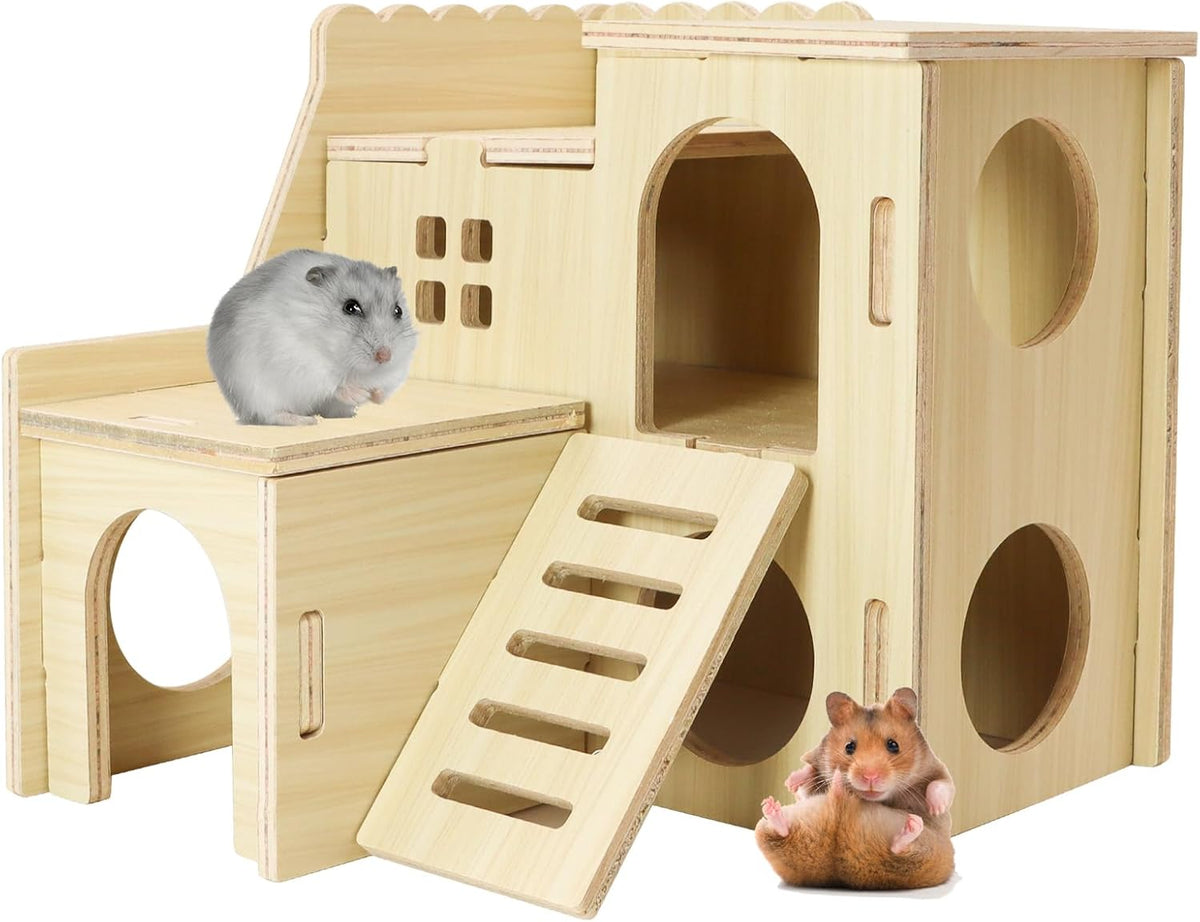 Tiny Hamster Maze Wood House with Slide House, Hamster Hideout Cage Accessories, for Dwarf Gerbils