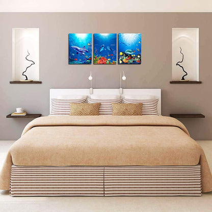 blue ocean fish 3 Pieces Framed Wall Art for Living Room Bathroom Wall Decoration Canvas Print
