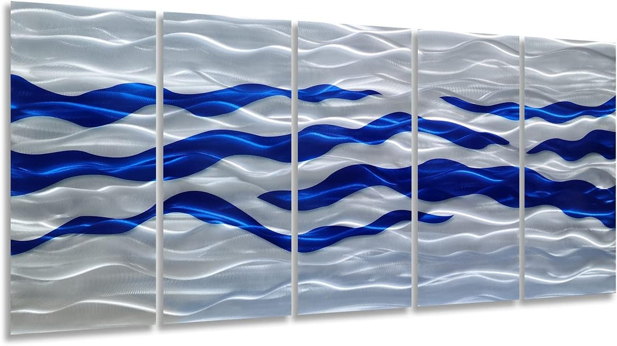 SYGALLERIER Abstract Coastal Metal Wall Art Handcrafted Big 3D Blue and Silver Artwork Modern Sea