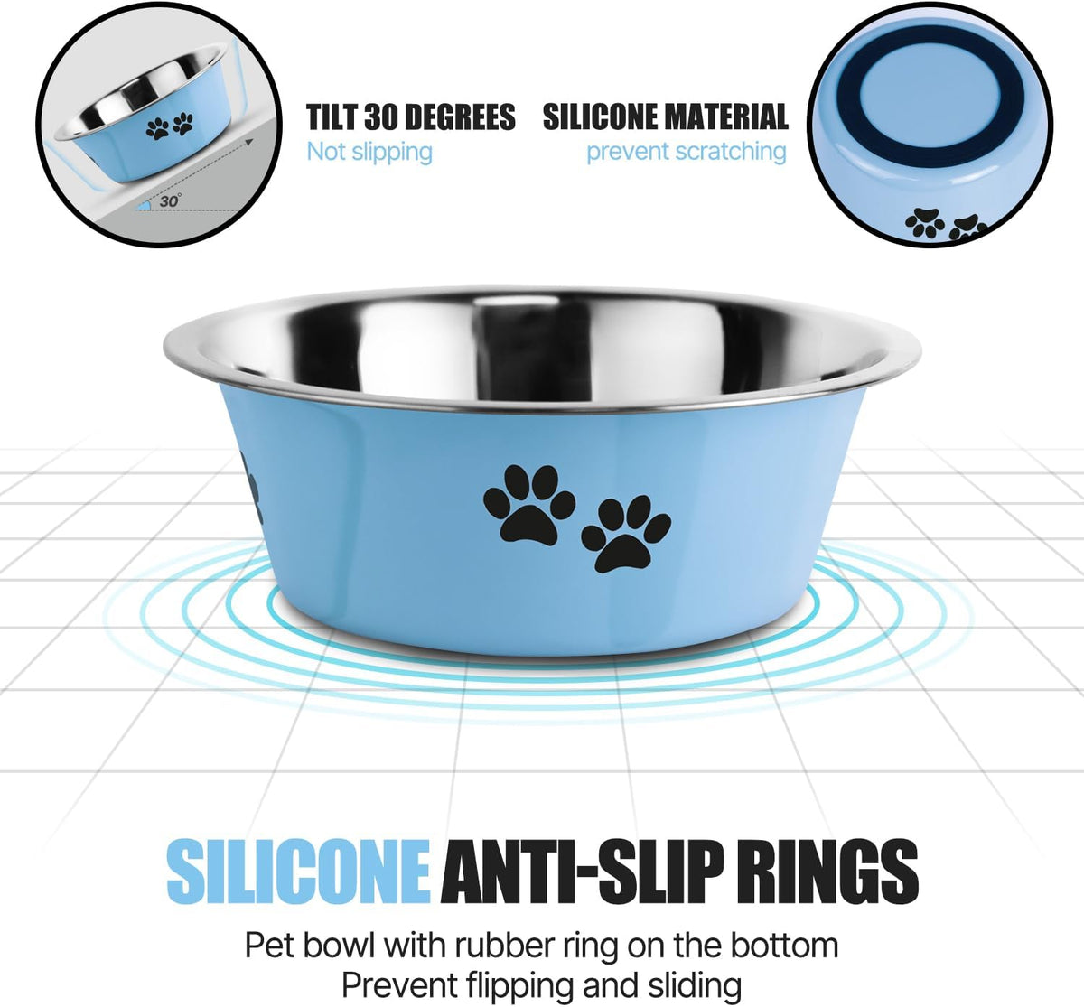 Stainless Steel Dog Bowls, Nonslip Rubber Bottom No Spill Proof Skid Metal Insulated Dog Bowls for
