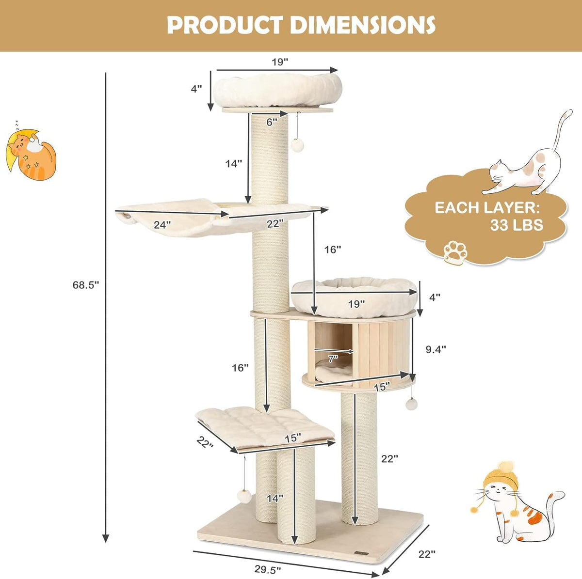 Tangkula Modern Cat Tree, Multi-Level Large Cat Tower with Condo, Hammocks & Hanging Basket, Tall