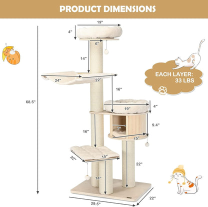 Tangkula Modern Cat Tree, Multi-Level Large Cat Tower with Condo, Hammocks & Hanging Basket, Tall