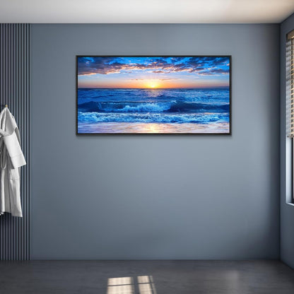 Wapluam Large Canvas Art - Blue Ocean Beach Scene, Sunny Sea View, Wave Wall Pictures, Black Framed