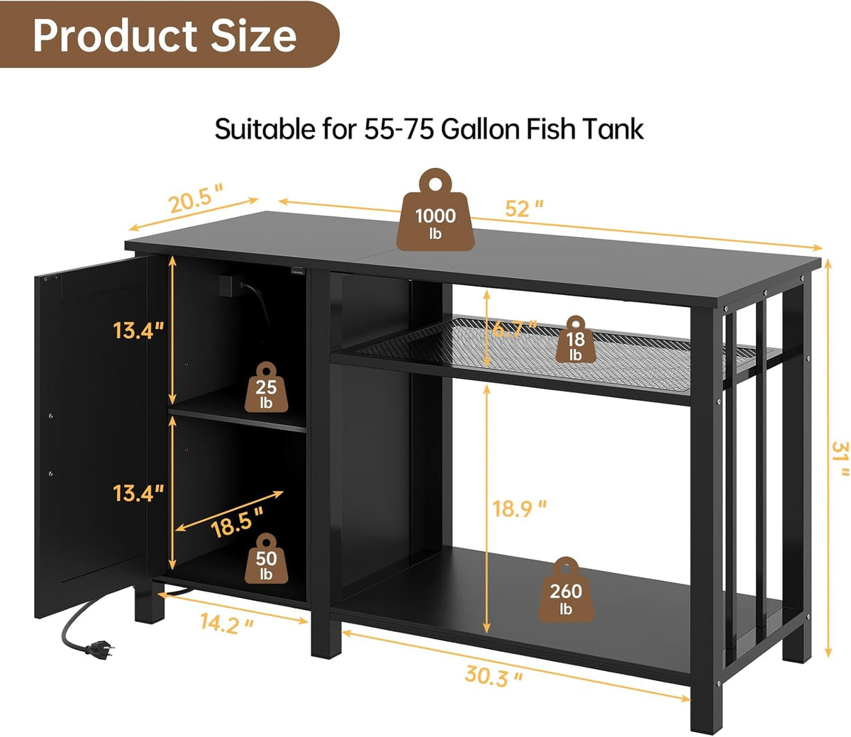 55-75 Gallon Fish Tank Stand with Power Outlet & Adjustable Shelf, Heavy Duty Aquarium Stand with