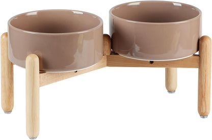 Ceramic 7.3inch Raised Double Bowls Set with Wooden Stand, Food & Water Bowls for Medium Breed