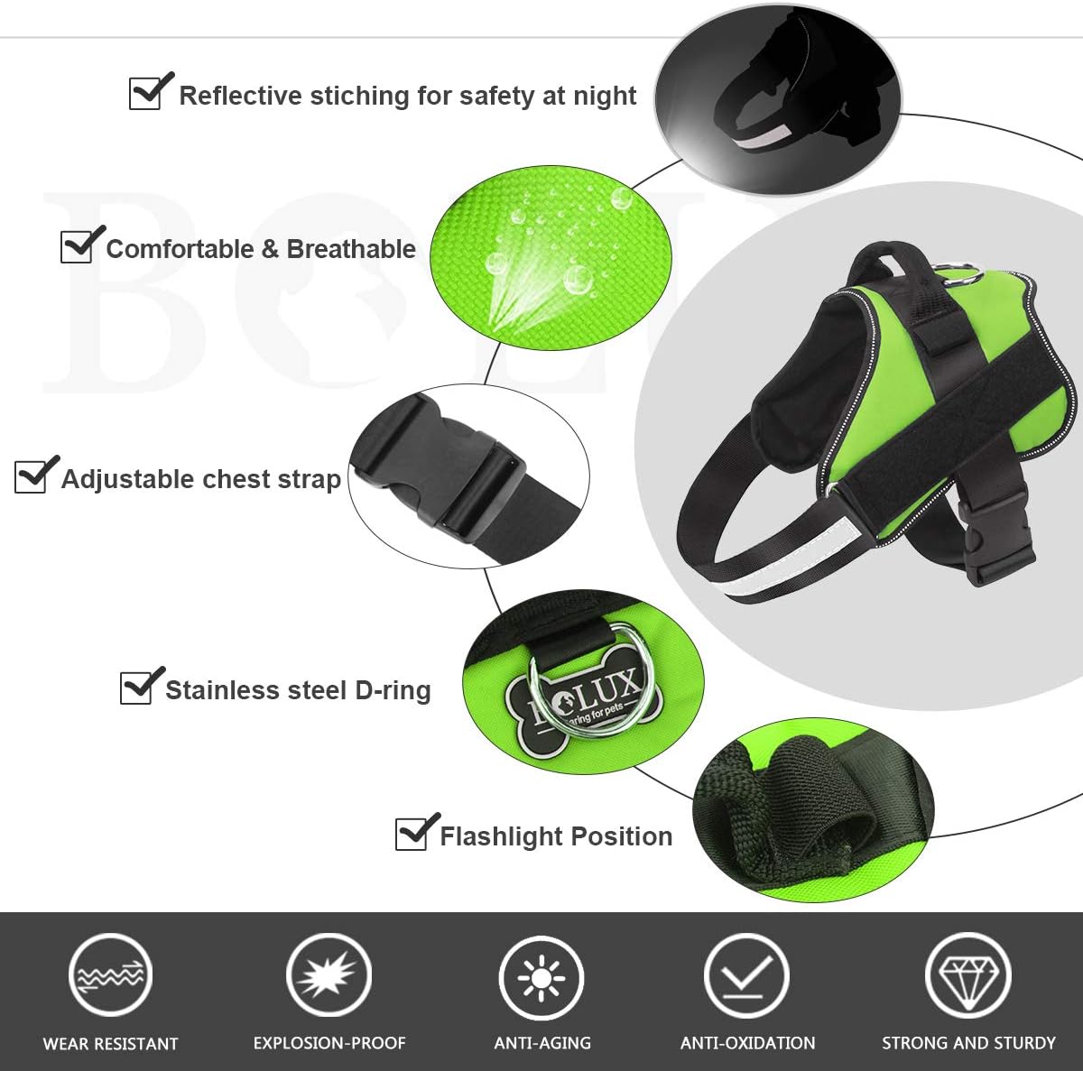 Bolux Dog Harness, No-Pull Reflective Dog Vest, Breathable Adjustable Pet Harness with Handle for
