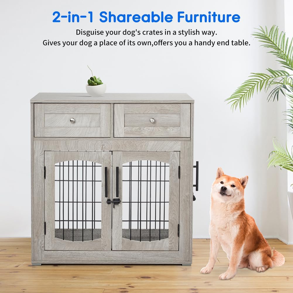 Dog Crate Furniture for Large Dogs, Wooden Dog Kennel Indoor with Double Doors, Dog Cage with