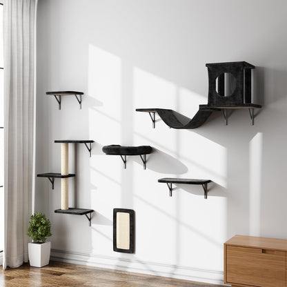 NUNU LAB Wall Mounted Cat Climber Set, 6 Pcs Cat Furniture Set with House, Bridge, Steps, Scratcher