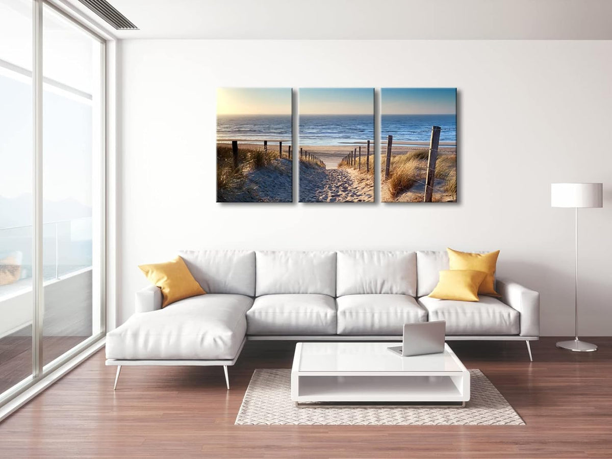 Wieco Art 3 Piece Beach Coastal Sand Dune Canvas Prints Modern Stretched Wall Art Seascape Pictures