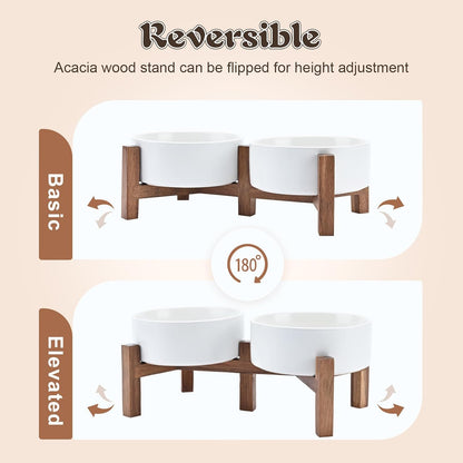 SPUNKYJUNKY Acacia Wood Stand Dog Bowl Set Raised, Ceramic Dog Food & Water Bowl for Medium Dogs