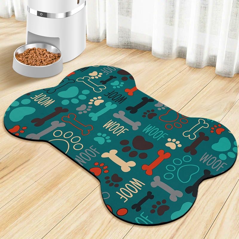 Dog Food Mats for Floors Waterproof, Pet Feeding Absorbent Water Bowl Mat Cat Placemats Green Bone
